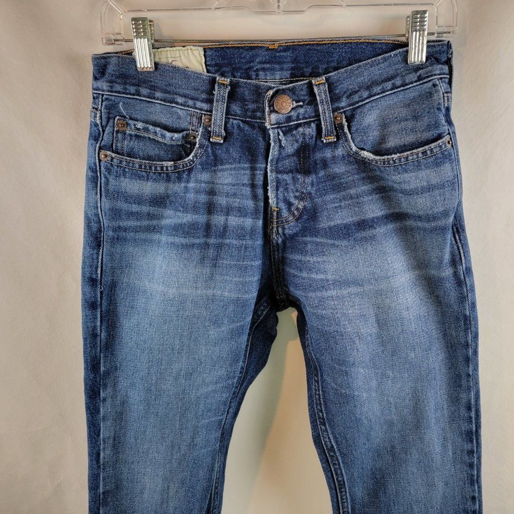 Hollister Jeans Mens 28x30 Blue Skinny Button Fly Dark Wash Whiskered Normcore A - Picture 2 of 10